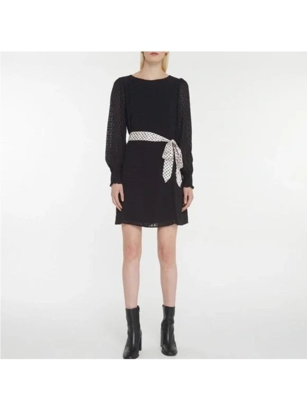 NEW Claudie Pierlot Raphael Noir Textured Puff Sleeve Dress Womens 36 NO BELT